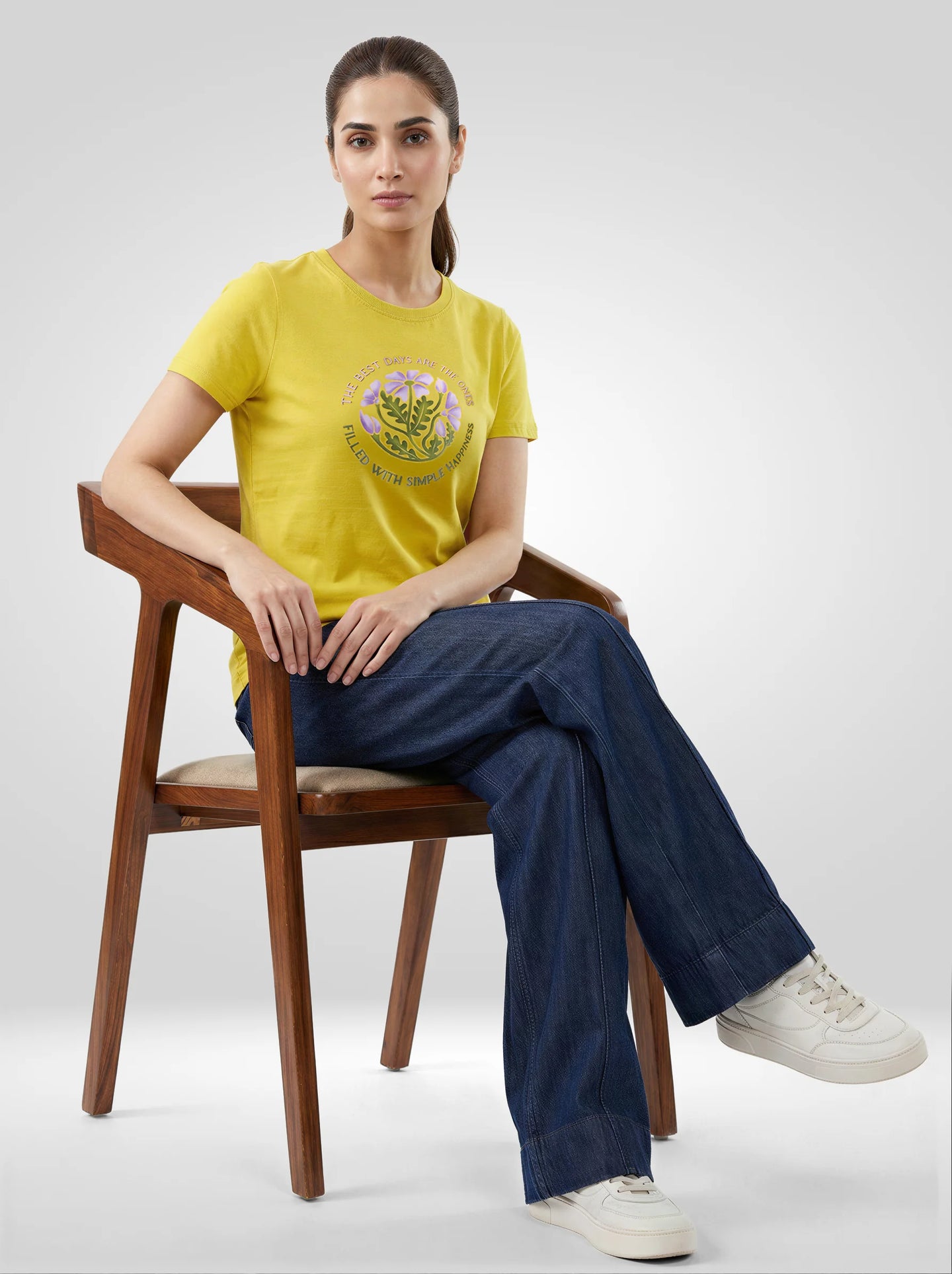 Women T-Shirt Graphic Yellow Regular Fit