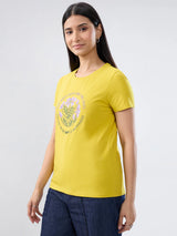 Women T-Shirt Graphic Yellow Regular Fit