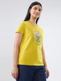 Women T-Shirt Graphic Yellow Regular Fit