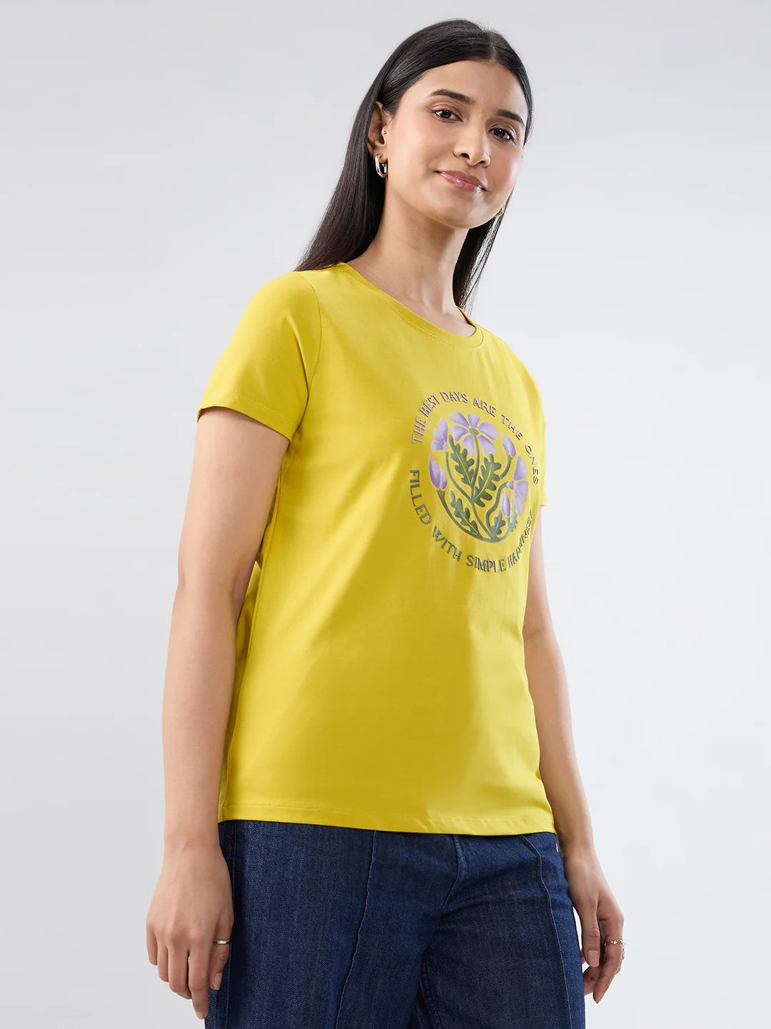 Women T-Shirt Graphic Yellow Regular Fit