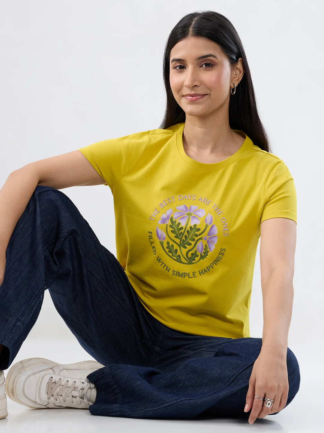 Women T-Shirt Graphic Yellow Regular Fit