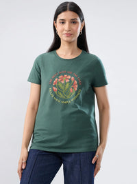 Women T-Shirt Graphic Green Regular Fit
