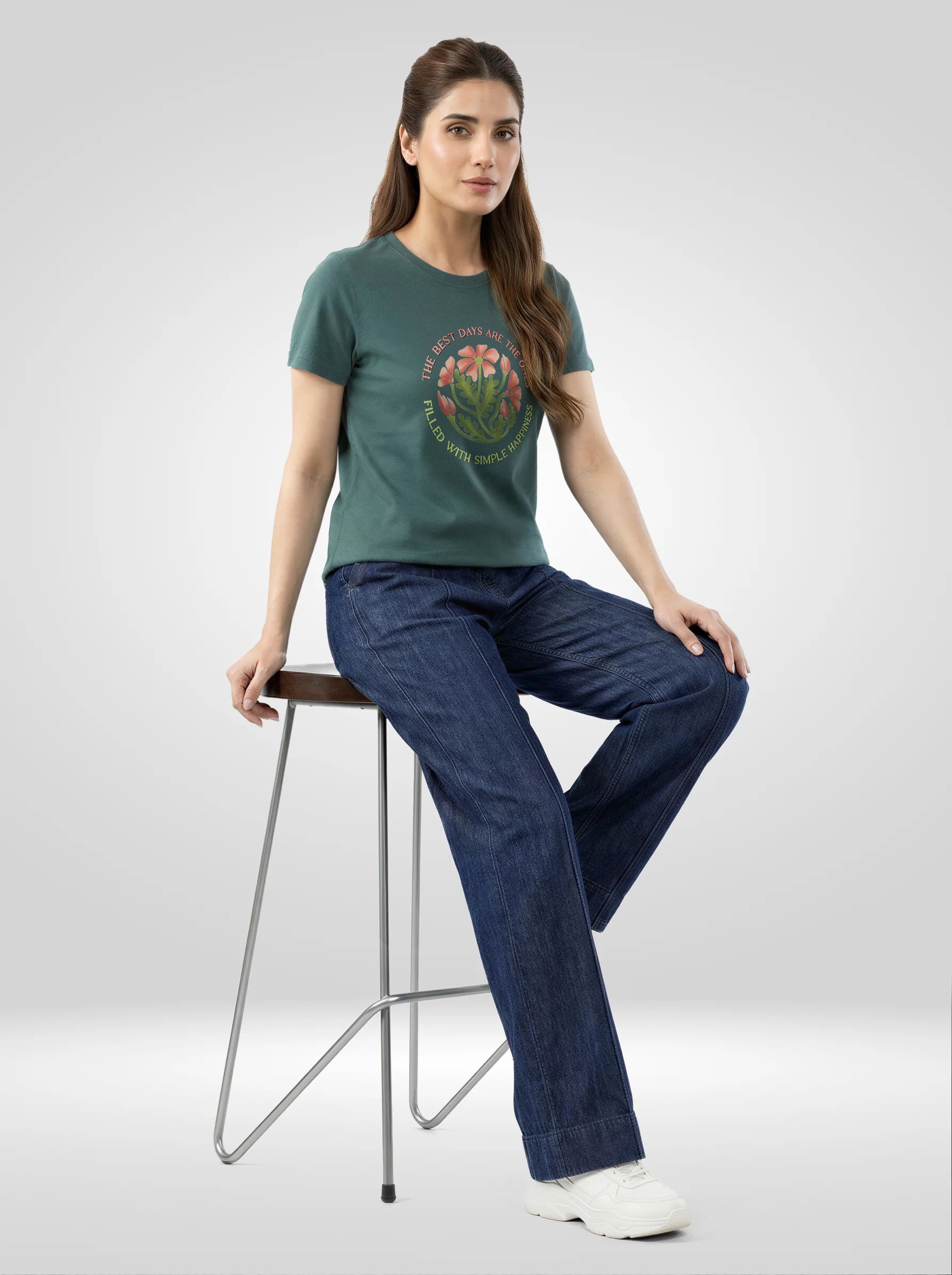 Women T-Shirt Graphic Green Regular Fit