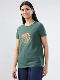 Women T-Shirt Graphic Green Regular Fit