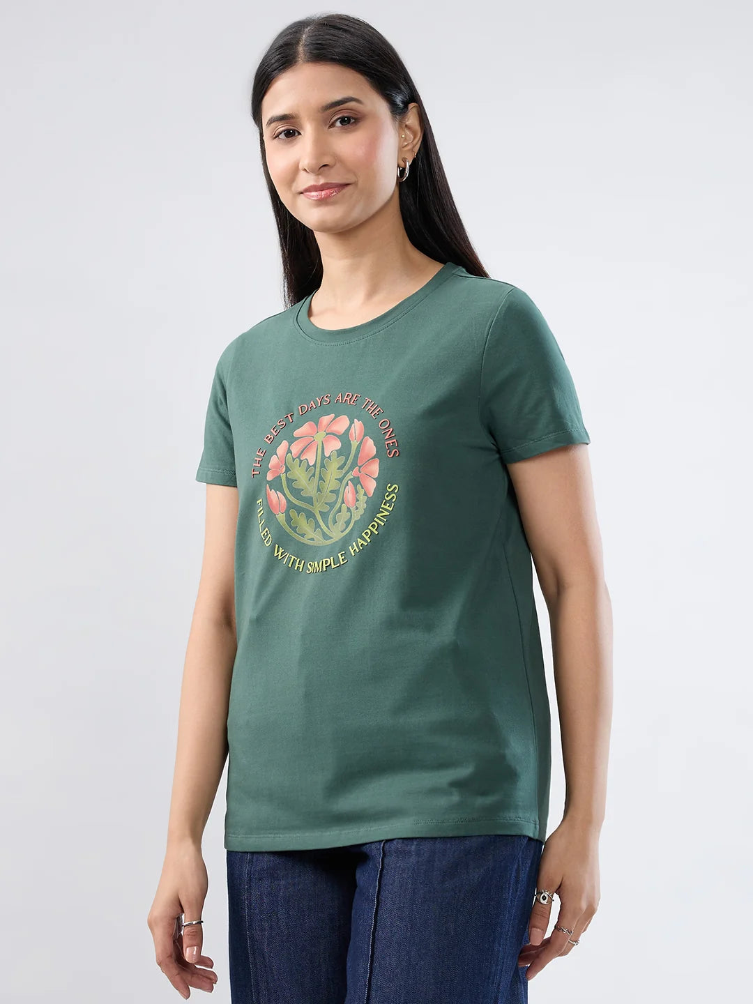Women T-Shirt Graphic Green Regular Fit