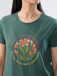Women T-Shirt Graphic Green Regular Fit