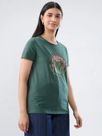 Women T-Shirt Graphic Green Regular Fit