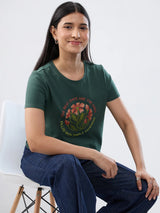 Women T-Shirt Graphic Green Regular Fit
