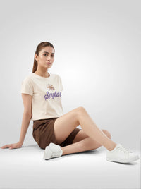 Women T-Shirt Graphic Beige Regular Fit