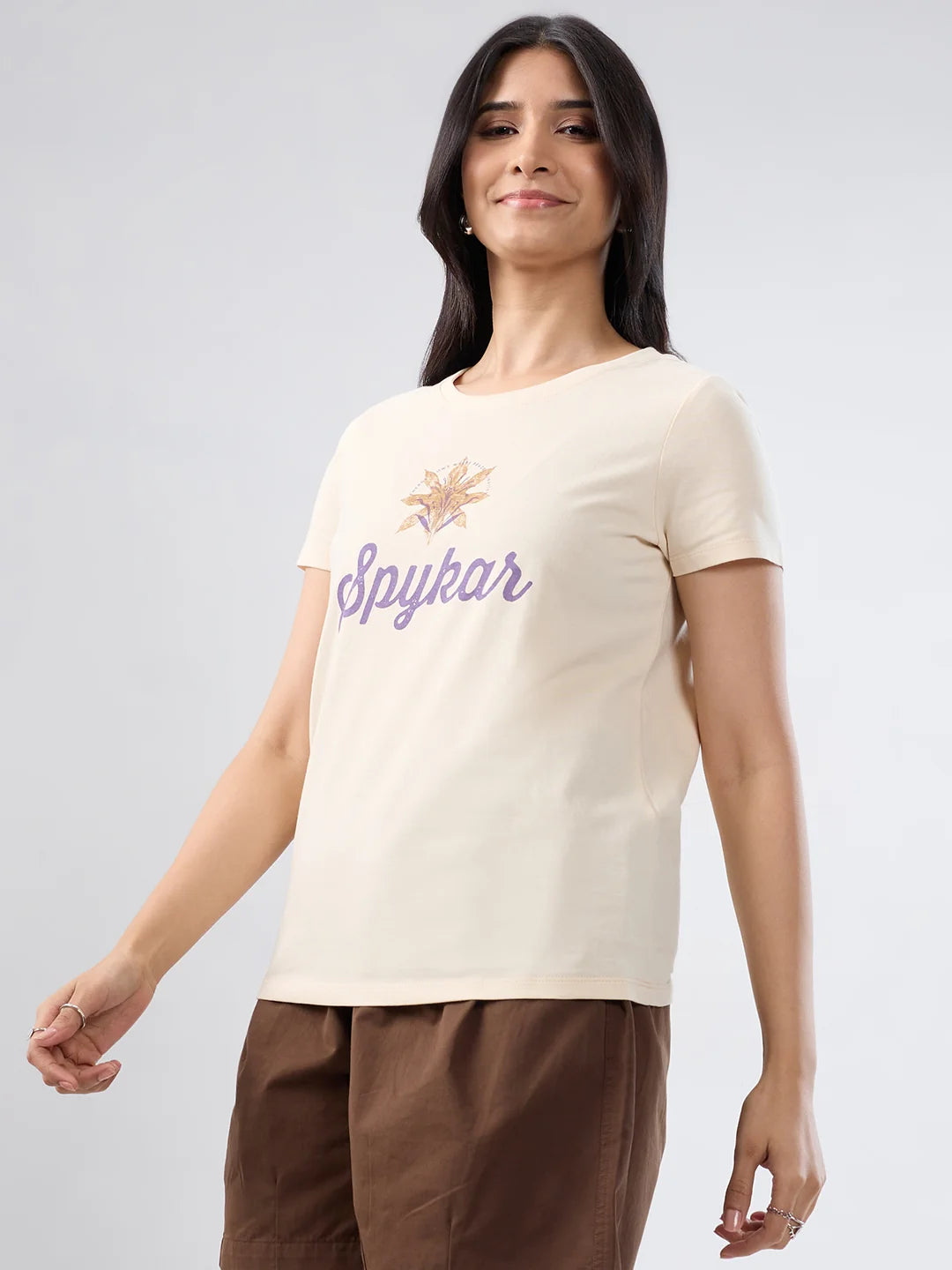 Women T-Shirt Graphic Beige Regular Fit