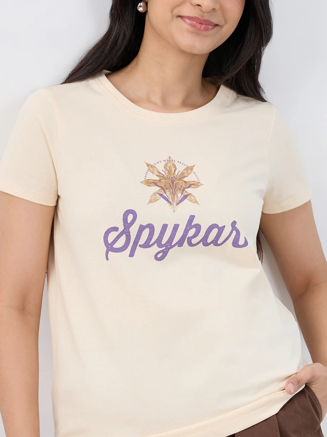 Women T-Shirt Graphic Beige Regular Fit