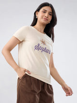 Women T-Shirt Graphic Beige Regular Fit