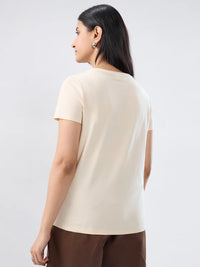 Women T-Shirt Graphic Beige Regular Fit