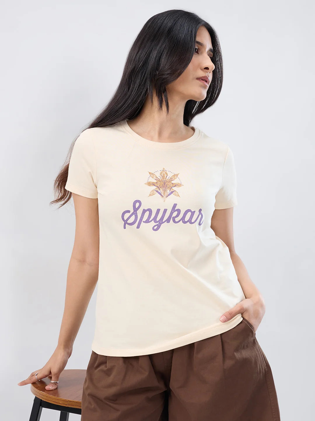 Women T-Shirt Graphic Beige Regular Fit