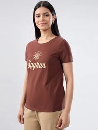 Women T-Shirt Graphic Brown Regular Fit