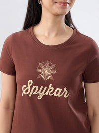 Women T-Shirt Graphic Brown Regular Fit