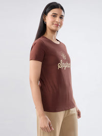 Women T-Shirt Graphic Brown Regular Fit