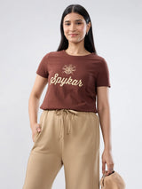 Women T-Shirt Graphic Brown Regular Fit