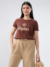 Women T-Shirt Graphic Brown Regular Fit