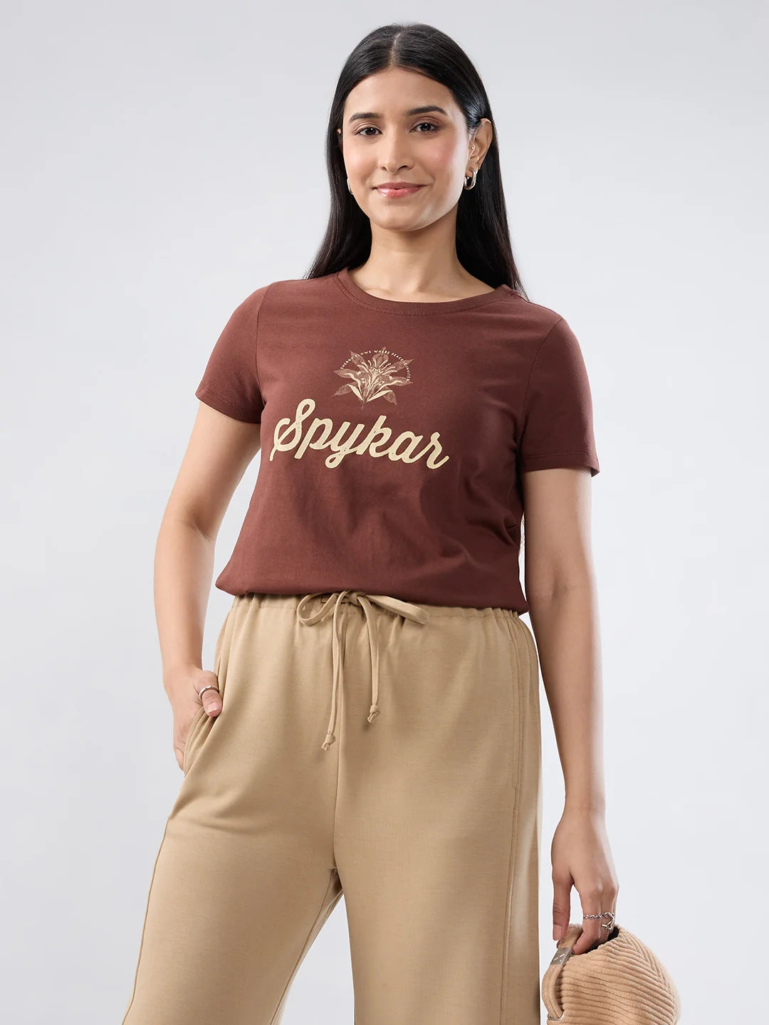 Women T-Shirt Graphic Brown Regular Fit