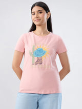 Women T-Shirt Graphic Pink Regular Fit