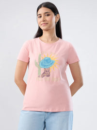 Women T-Shirt Graphic Pink Regular Fit