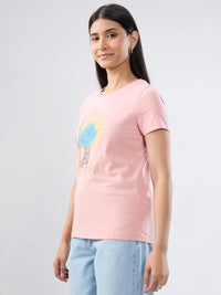 Women T-Shirt Graphic Pink Regular Fit