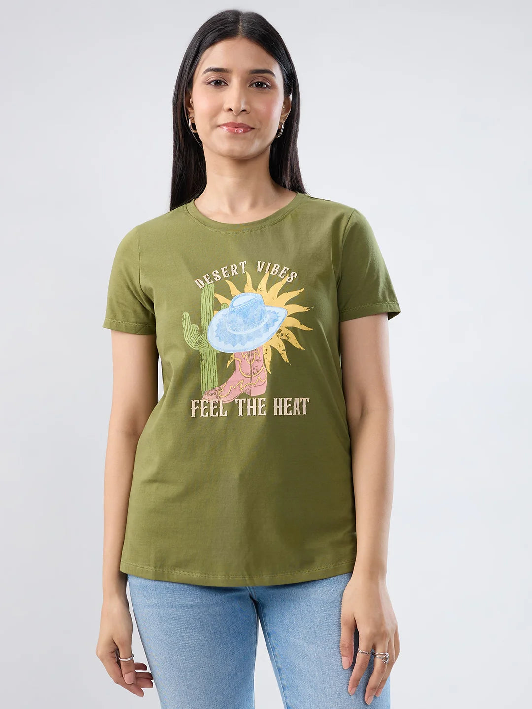 Women T-Shirt Graphic Green Regular Fit