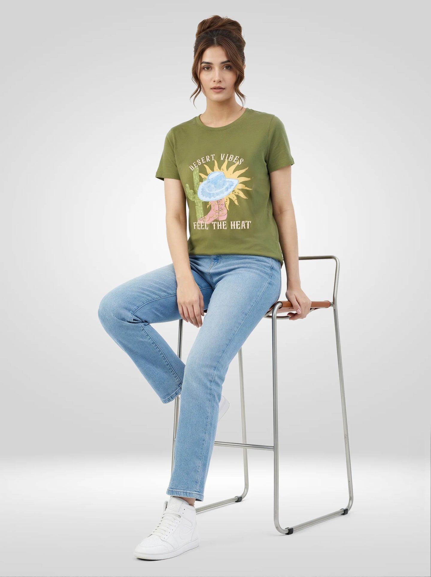 Women T-Shirt Graphic Green Regular Fit