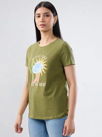 Women T-Shirt Graphic Green Regular Fit