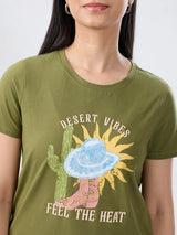 Women T-Shirt Graphic Green Regular Fit