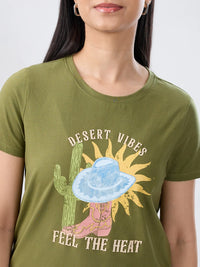 Women T-Shirt Graphic Green Regular Fit