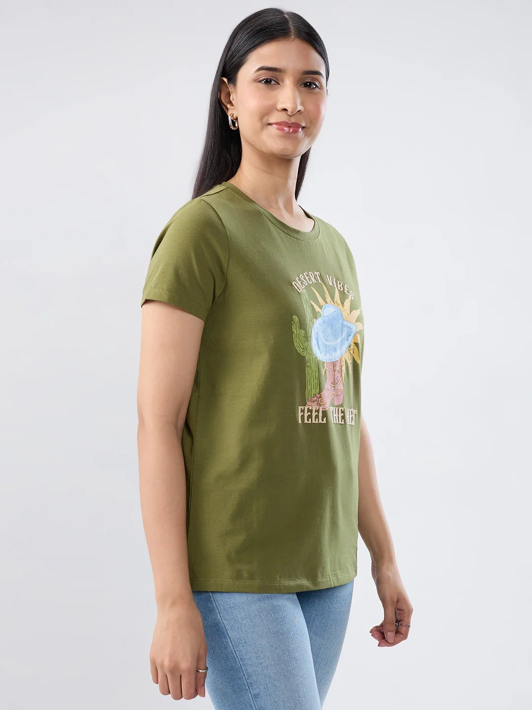 Women T-Shirt Graphic Green Regular Fit