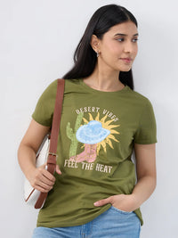Women T-Shirt Graphic Green Regular Fit