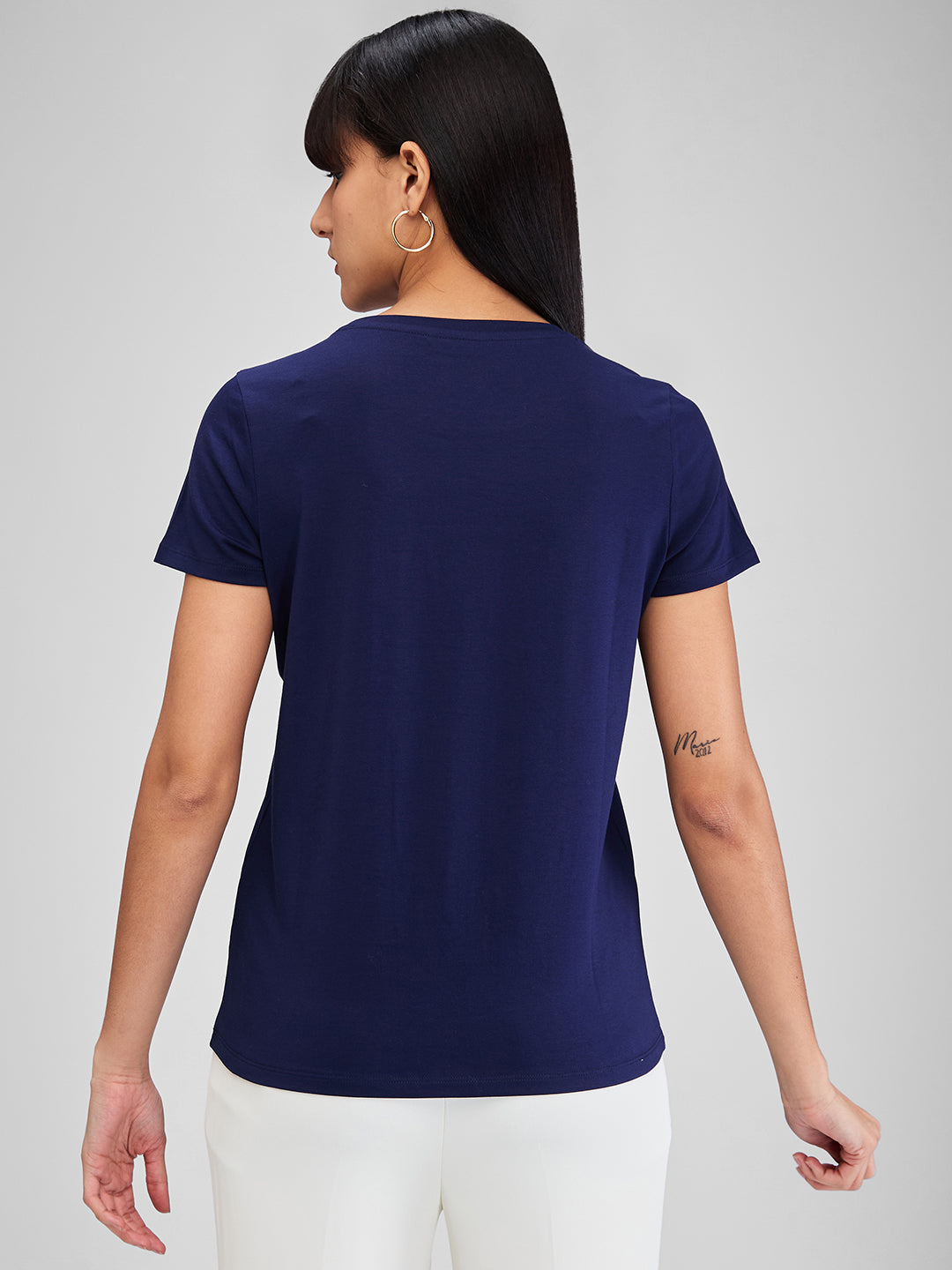 Spykar Blue Half Sleeves Regular Fit Solid T-Shirt For Women