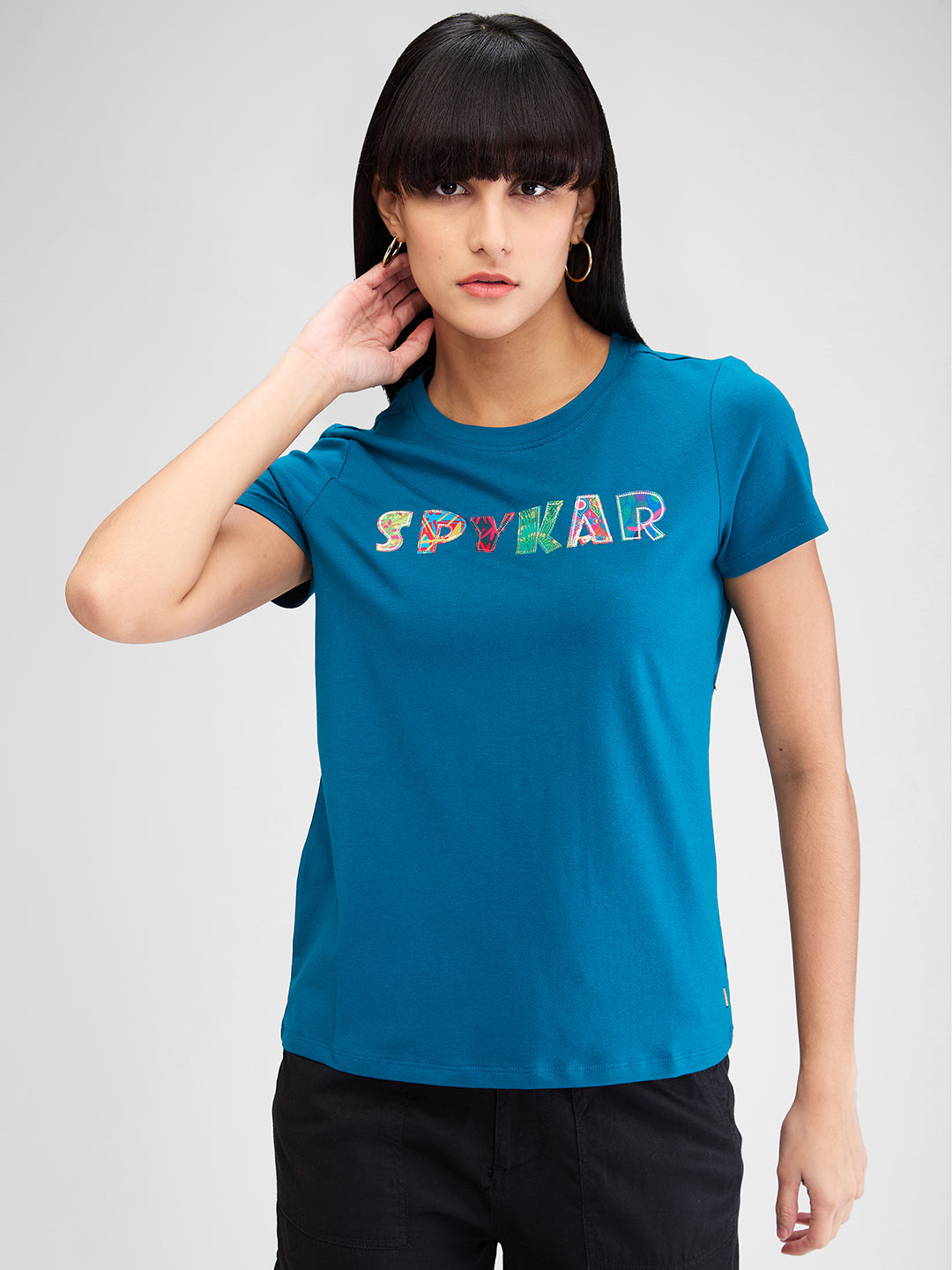 Spykar Blue Half Sleeves Regular Fit Solid T-Shirt For Women