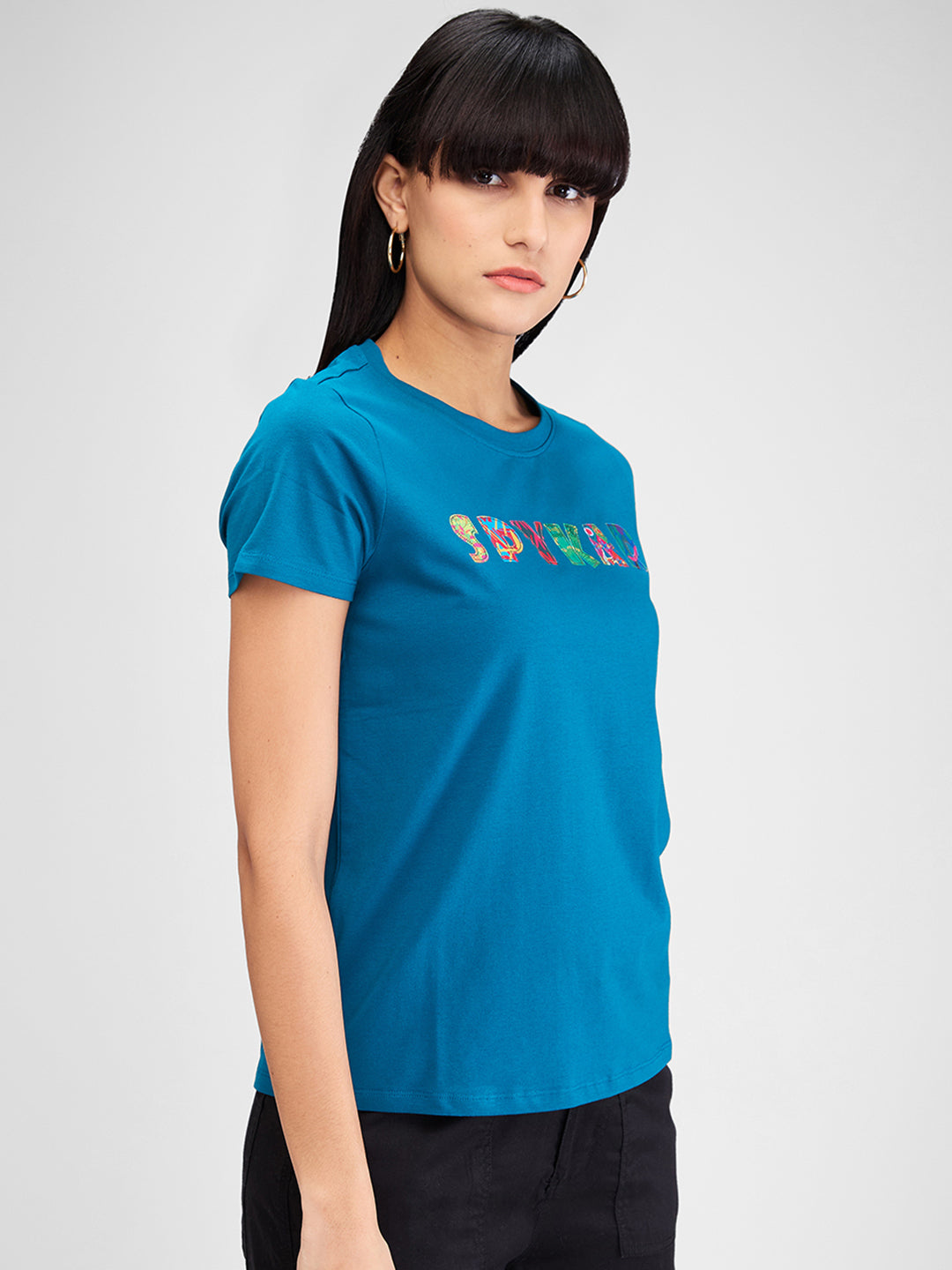 Spykar Blue Half Sleeves Regular Fit Solid T-Shirt For Women