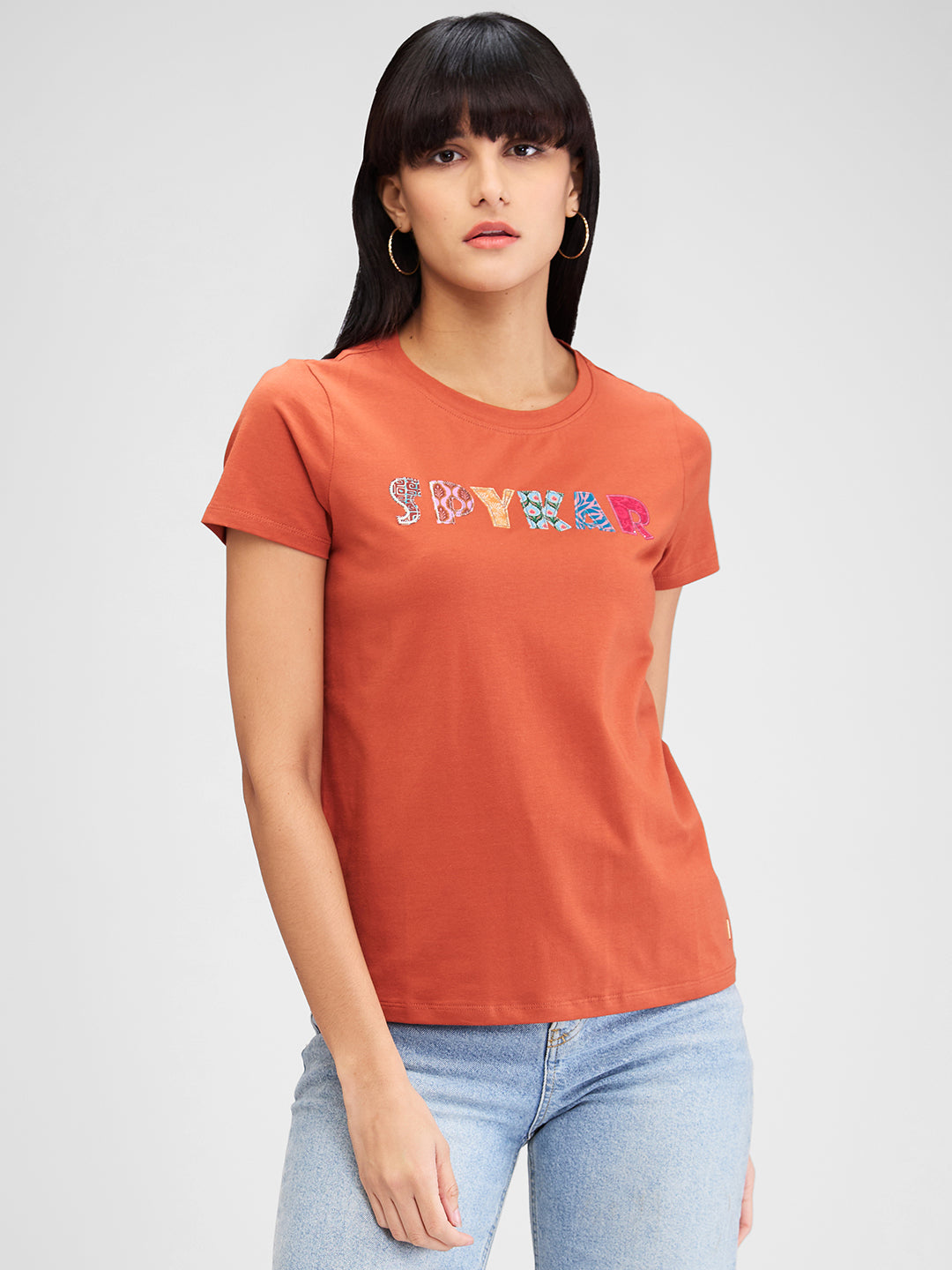 Spykar Brown Half Sleeves Regular Fit Solid T-Shirt For Women