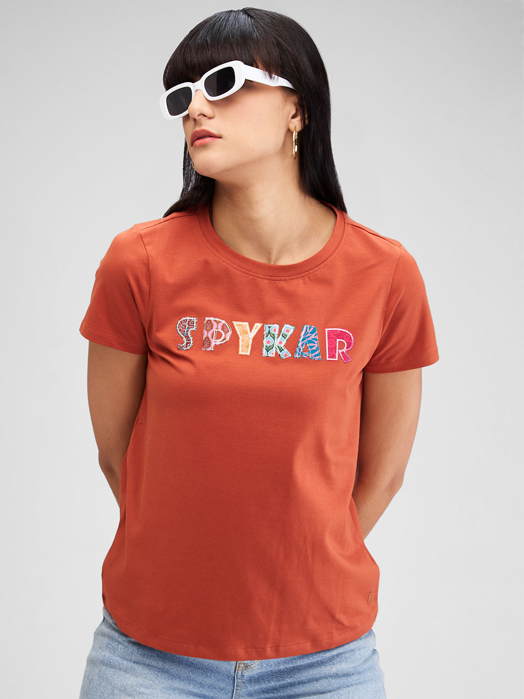 Spykar Brown Half Sleeves Regular Fit Solid T-Shirt For Women