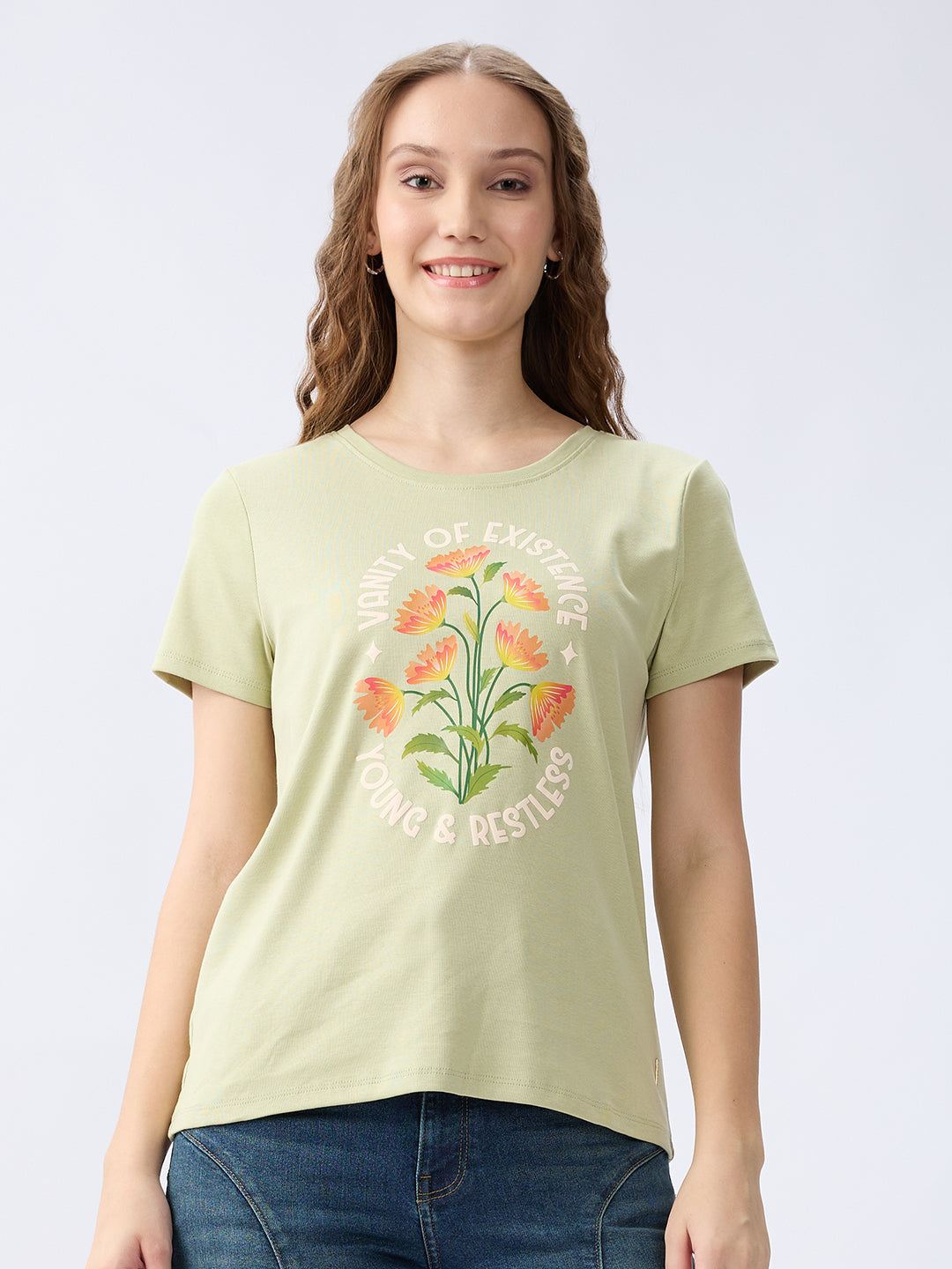 Spykar Celadon Green Regular Fit Casual T-Shirts For Women