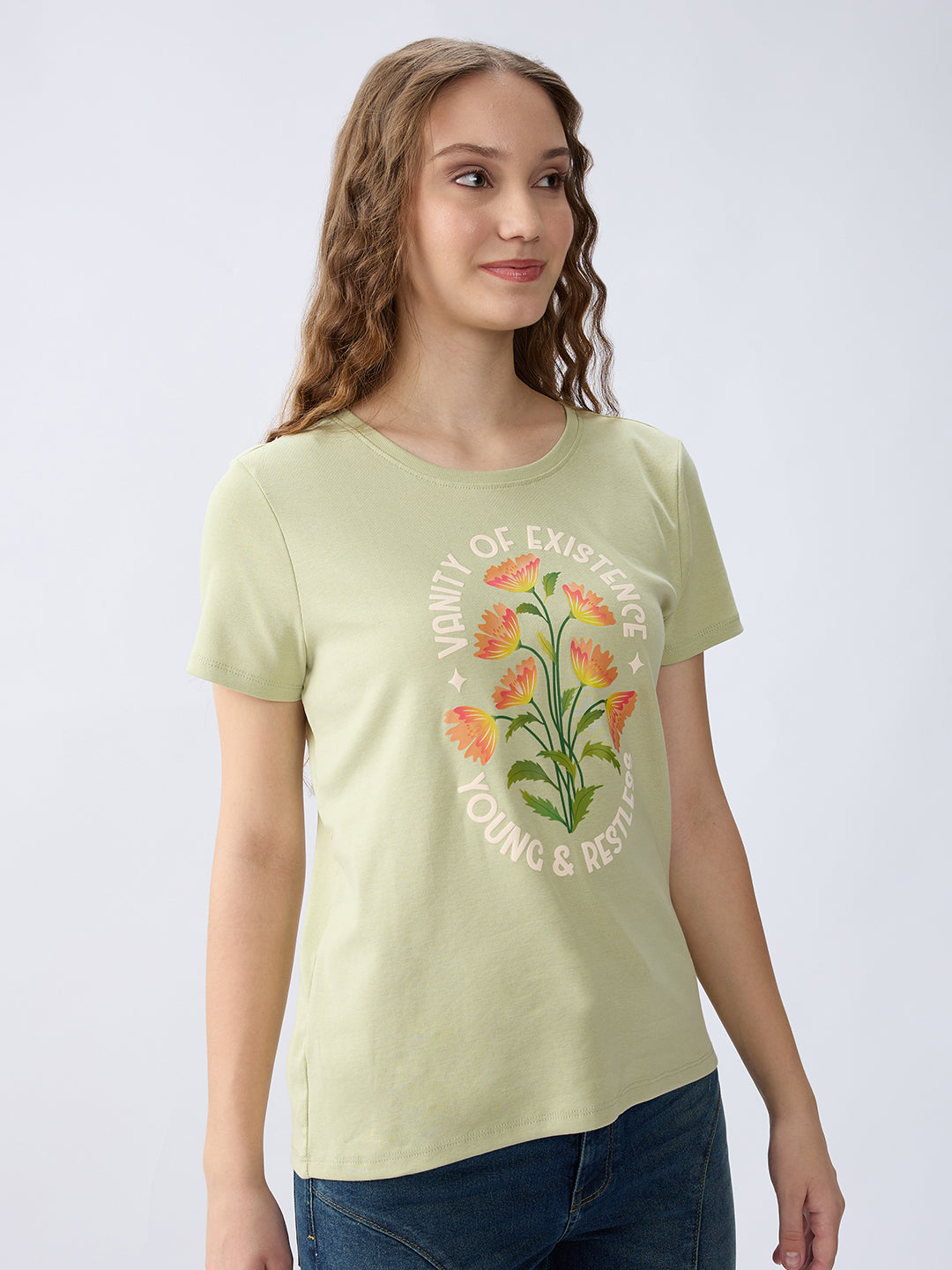 Spykar Celadon Green Regular Fit Casual T-Shirts For Women