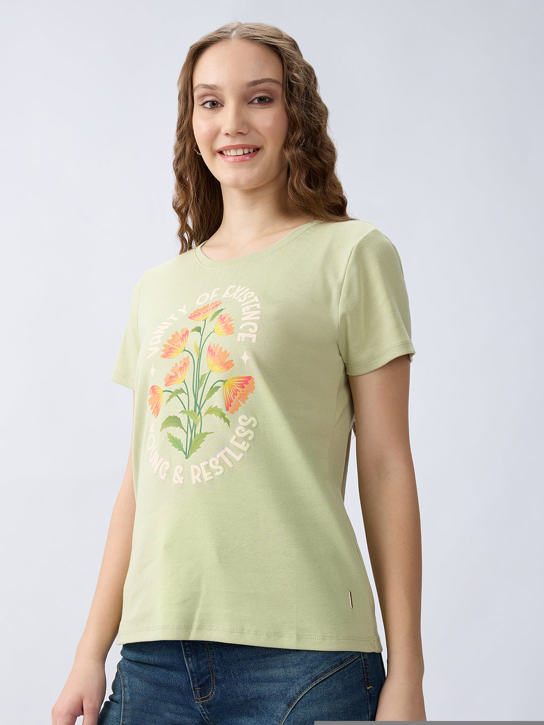 Spykar Celadon Green Regular Fit Casual T-Shirts For Women