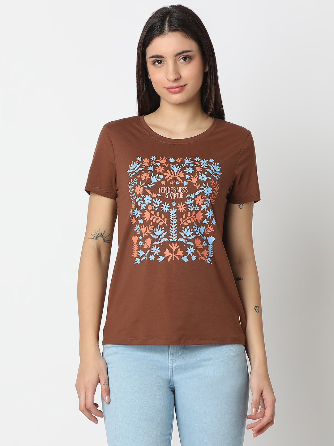 Spykar Sepia Brown Regular Fit Half Sleeves T-shirt For Women