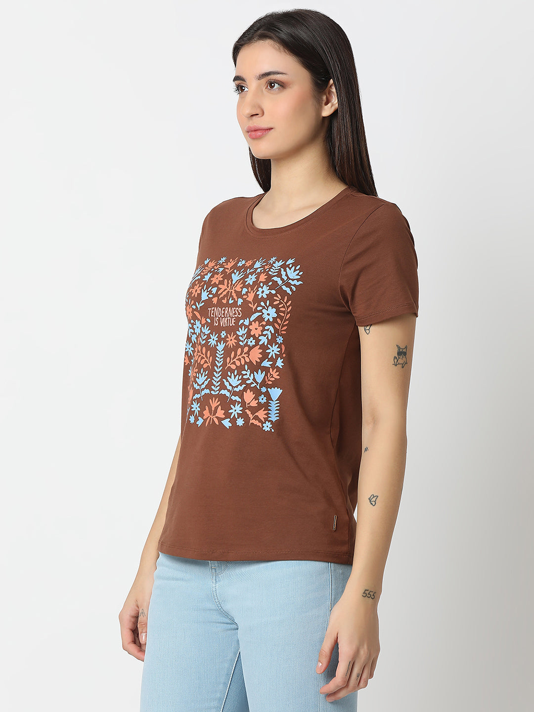 Spykar Sepia Brown Regular Fit Half Sleeves T-shirt For Women