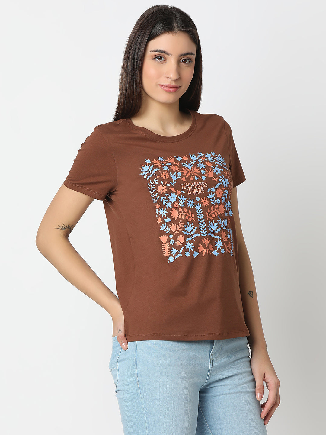 Spykar Sepia Brown Regular Fit Half Sleeves T-shirt For Women