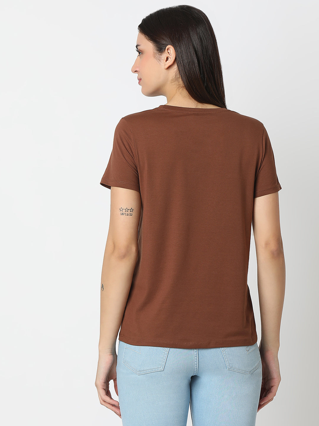 Spykar Sepia Brown Regular Fit Half Sleeves T-shirt For Women