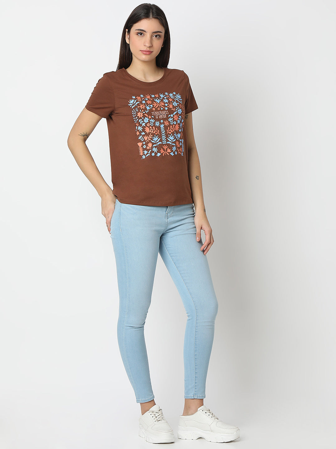 Spykar Sepia Brown Regular Fit Half Sleeves T-shirt For Women