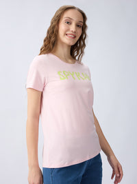Women T-Shirt Solid Pink Regular Fit