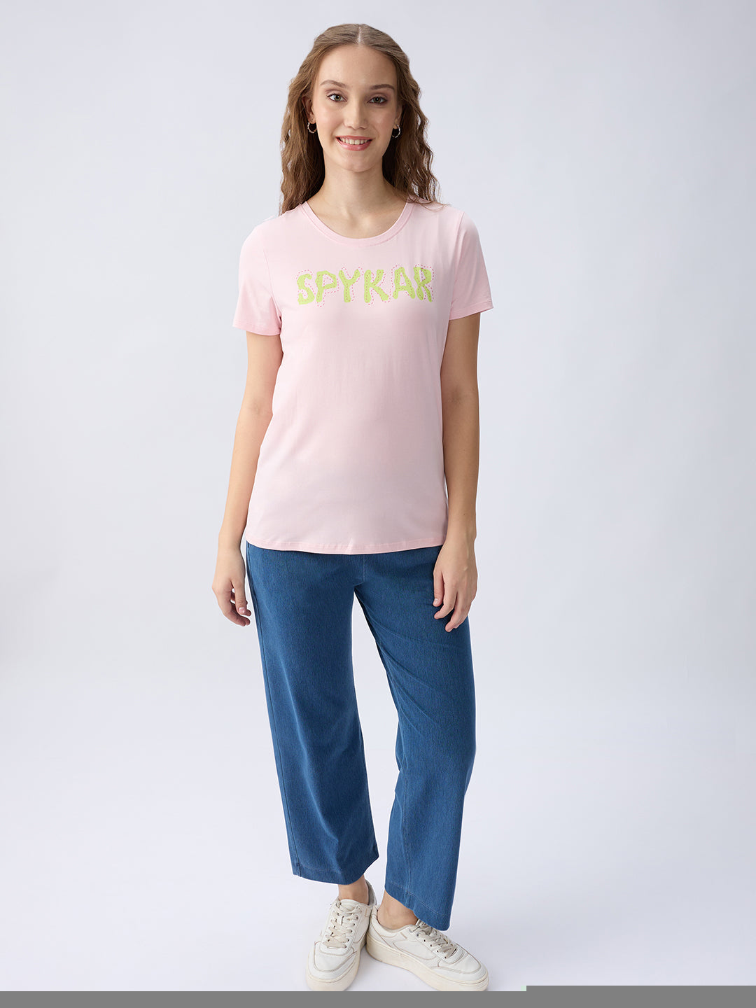 Women T-Shirt Solid Pink Regular Fit
