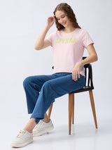 Women T-Shirt Solid Pink Regular Fit